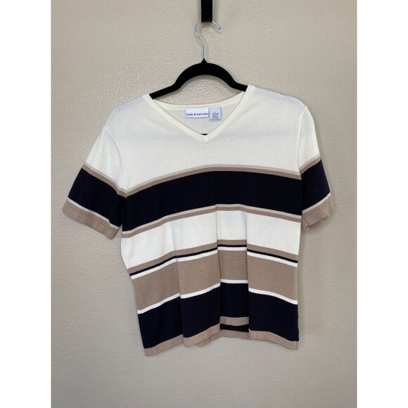 Croft & Barrow Womens Striped Knit Sweater L Rayon tan/black v-neck short sleeve - Picture 2 of 6